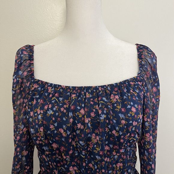 Trixxi Women’s Floral Mini Dress Size M Navy Elastic Waist Lined Long Sleeve - Picture 3 of 11